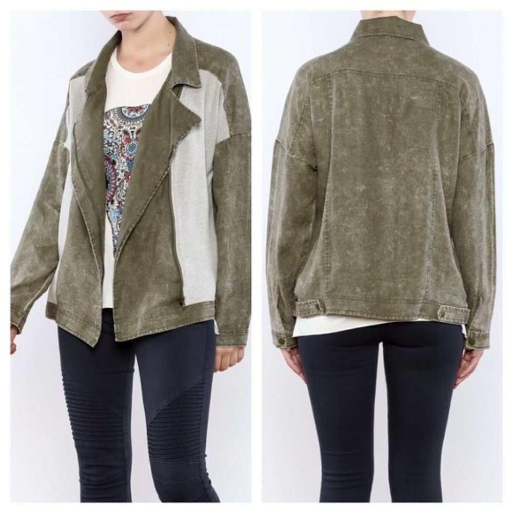 Paper Crane Linen Blend Moto Jacket Olive‎ Green Grey Small